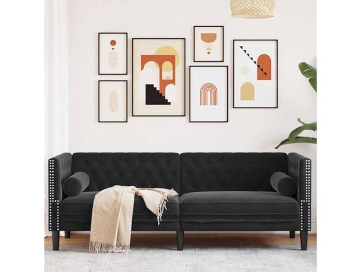pokgdf Chesterfield Sofa Schwarz Samt 194 cm Knopfheftungen, Rollarme, Schaumfüllung, Wohnzimmer, Montage mit Werkzeug