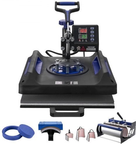 VEVOR 8-in-1 Warmtepers met 360° Draaibare Digitale T-shirtpers en 30 oz Tumbler Press, Zwart+Blauw