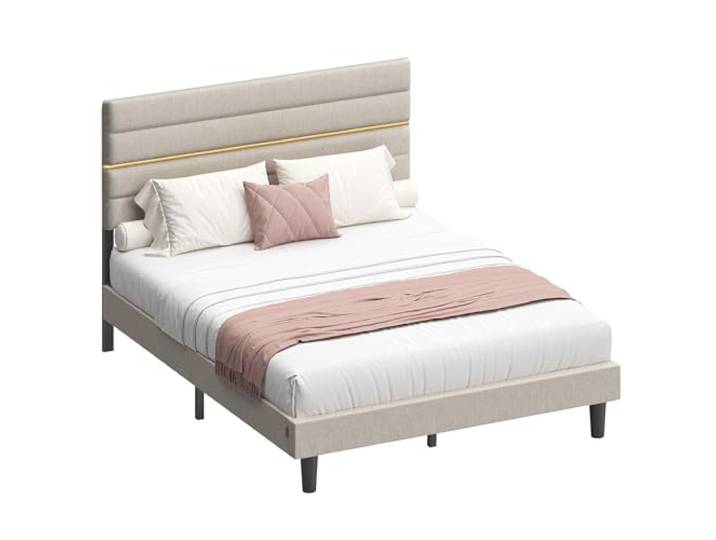 VASAGLE Polsterbett, Bettgestell, 140 x 200 cm Bettgestell, verstellbares gepolstertes Kopfteil, Metall, modern, cappuccinobeige, KACY Kollektion RMB504LH01