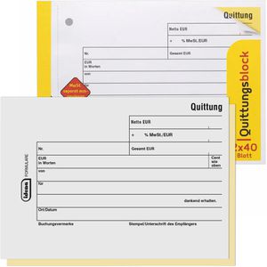 Idena Quittungsblock 10849, MwSt. separat, selbstdurchschreibend mit 1 Durchschlag, A6 quer, 2 x 40 Blatt