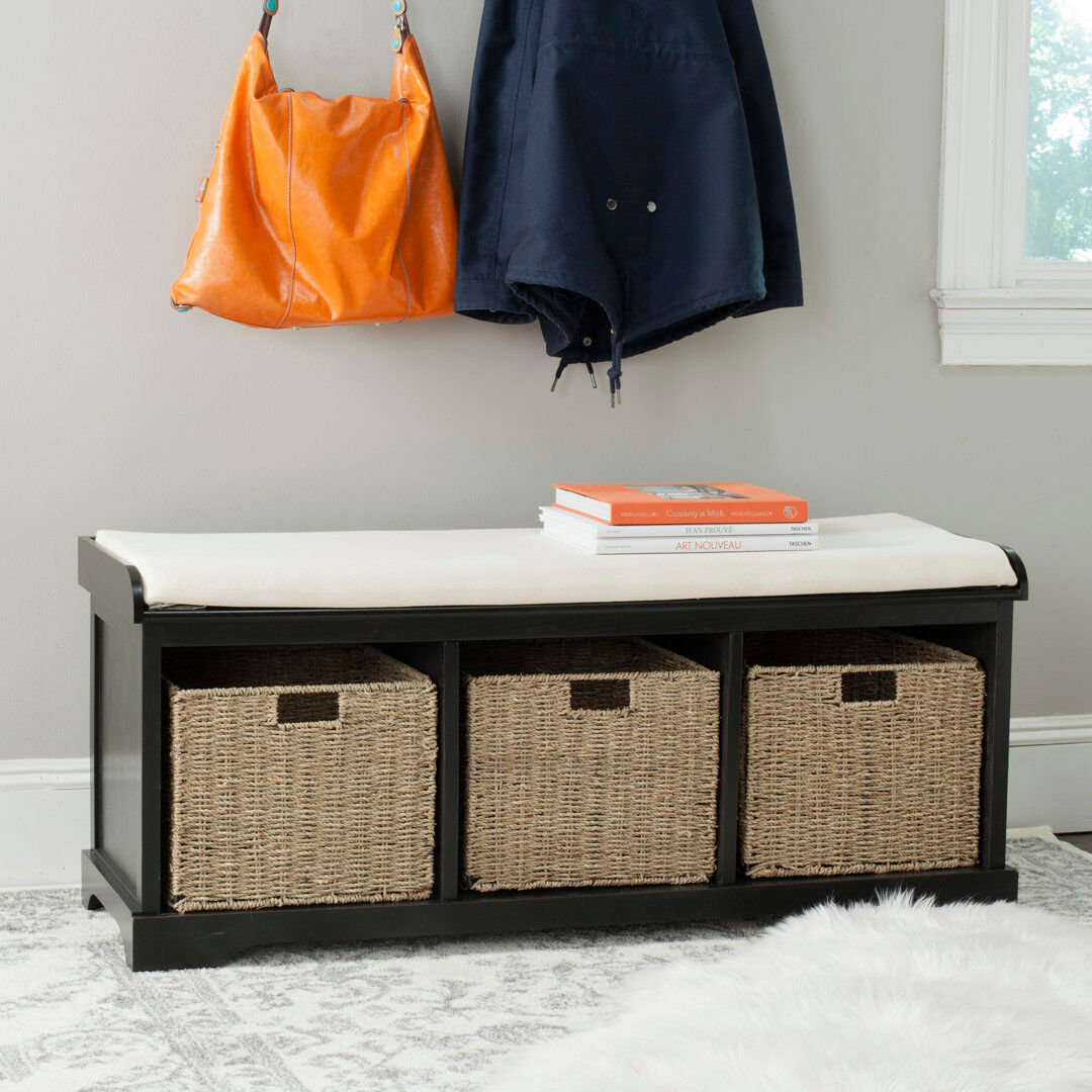 Brambly Cottage Loane Wicker Storage Bench Black 50.8cm H X 119.38cm W X 40.64cm D