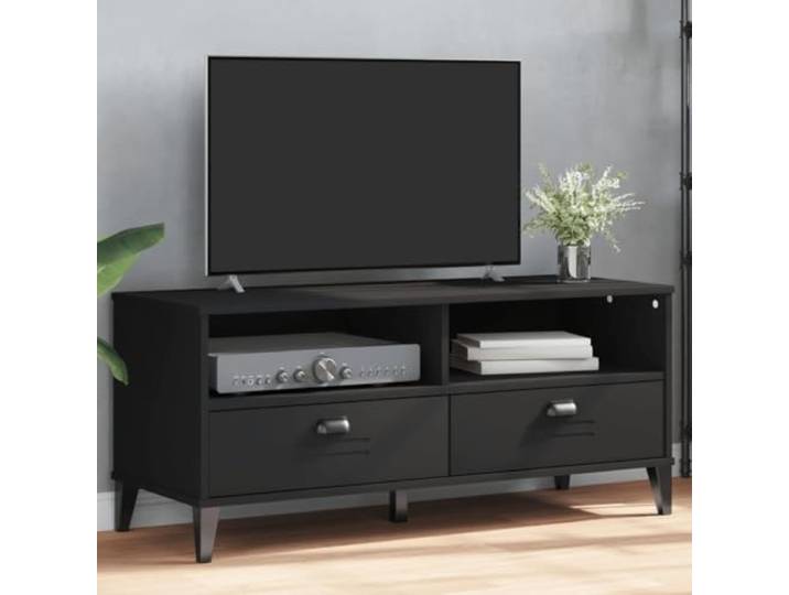 HEFZGDB Vien Schwarz Holzwerkstoff TV-Schrank mit Kabelloch und Stauraum, Industriestil Sideboard für Wohnzimmer, Medienschrank mit Griffen und Wandhalterung, Dekoration Präsentation.