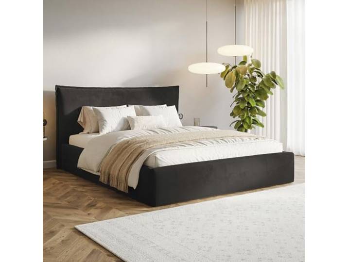 MOTIVENA Leno Bett 180x200 Schwarz Samt, mit Stauraum, mit Kopfteil, mit Lattenrost, ohne Füße, ohne Matratze, Polsterbett 180x200 mit Bettkasten Schwarz