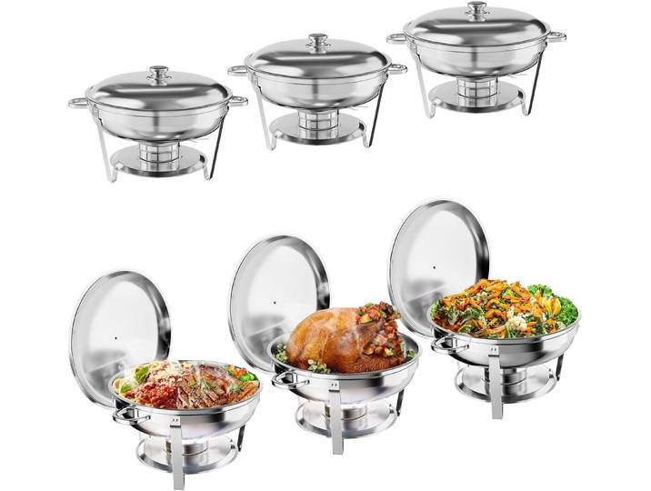 GarveeMore Speisenwärmer 5L runde Edelstahl-Chafing-Dishes und Warmhaltebehälter, (Set, 6-tlg), mit Deckel,Deckelhalter,Löffel,Pinzette für Catering,Partys,Abendessen