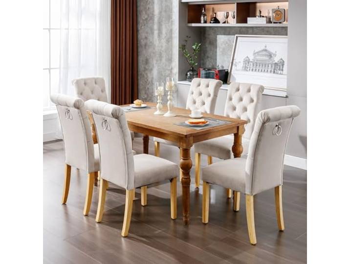 Merax Samt Esszimmerstühle 6er Set mit Eichenbeinen, Chromklopfer, Knopfdesign, hoher Sitzkomfort, für Wohnzimmer, Küche, Freizeit, Beige