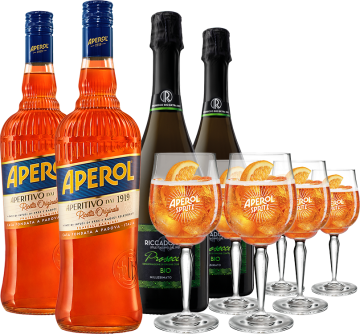 Wein-Paket - Aperol Spritz + Prosecco Millesimato Biologico - Riccadonna - 2*2 Fl. + 6 Gläser - 2.9L