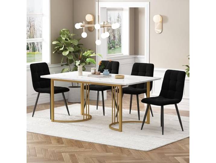 KUAKE Esstisch-Set mit 4 Stühlen 140x80 cm, Essgruppe mit 4 Stühlen aus Samt, Küchen-Esstisch für Zuhause & Familie, Gold Metall Tischbeine + 4 Schwarz Stühlen(Schwarz-A)