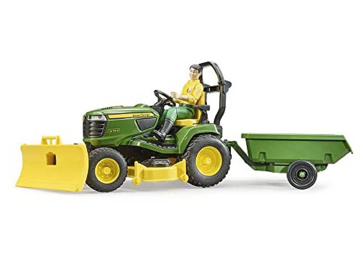 bruder 62104 - bworld John Deere Rasentraktor mit Anhänger & Gärtner