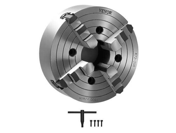 VEVOR Mandrin de Tour à 4 Mâchoires\, 250 mm\, Mandrin 4 Mors Indépendants Réversibles\, en Fonte HT300\, Plage de Serrage 15-250 mm\, avec Clé en T\, Serrage Interne et Externe\, pour Tours à Bois et Métal