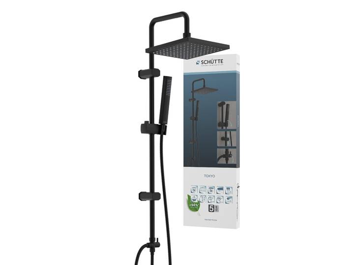 Duschsystem SCHÜTTE TOKYO , schwarz, H:99cm T:34cm, ABS-Kunststoff, Brausegarnituren, Duschsystem, inkl. Wasserspardichtung, Antikalk, höhenverstellb., Edelstahl-Stange