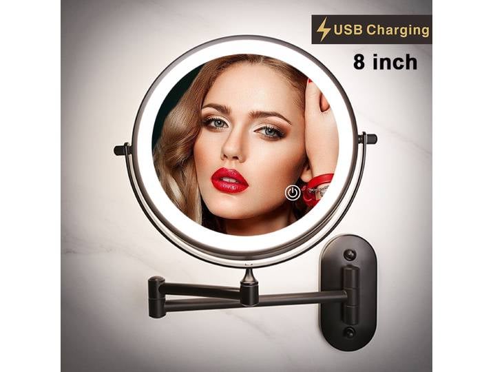HOSmart-Miroir de maquillage noir mural, 8 pouces, grossissant, double face, bras pliant, chargement USB, miroirs cosmétiques, 256