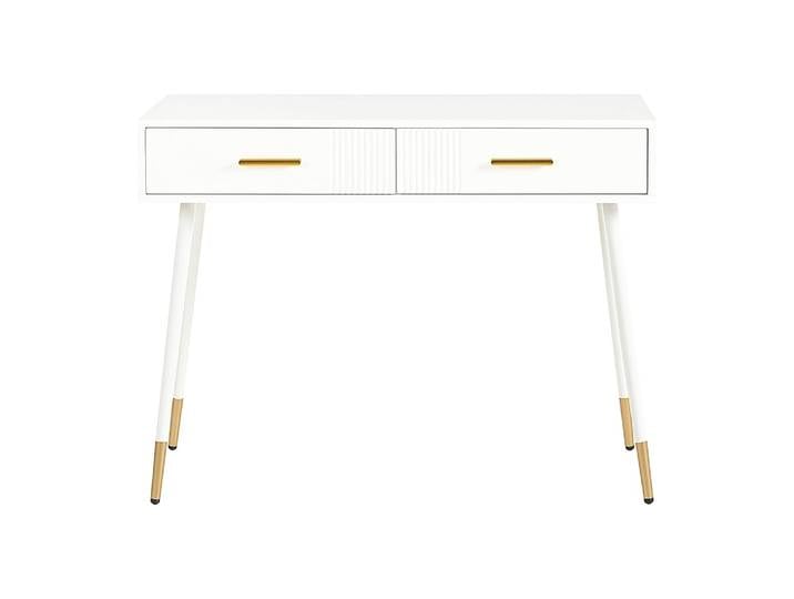 Coiffeuse blanche bois métal, 2 tiroirs, pieds dorés, design min