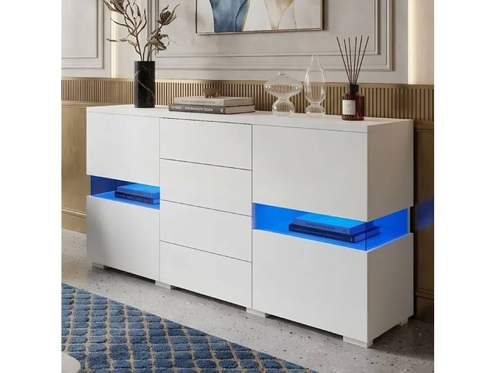 Buffet Sideboard Blanc Hochglanz 140x35x72cm Éclairage LED RGB Smart App 4 Tiroirs & 2 Portes en Acrylique Meuble TV Salon