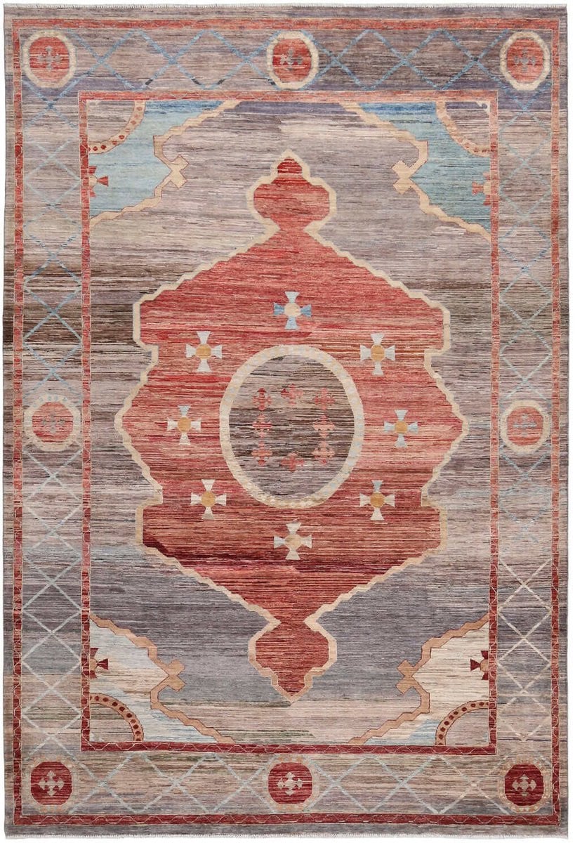 Authentiek Medaillon Handgeknoopt Art Deco Gebiedstapijt in Bruin en Multicolour van Wol, Breedte: 373 cm, Diepte: 260 cm