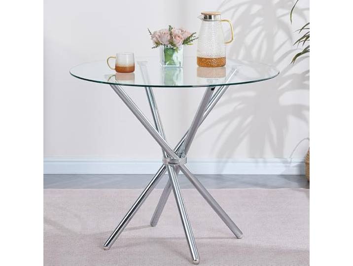 paonne Runder Esstisch aus Glas mit Glasplatte, Küchentisch 90 cm, Moderner Runder Frühstückstisch für 2-4 Personen, Chrom