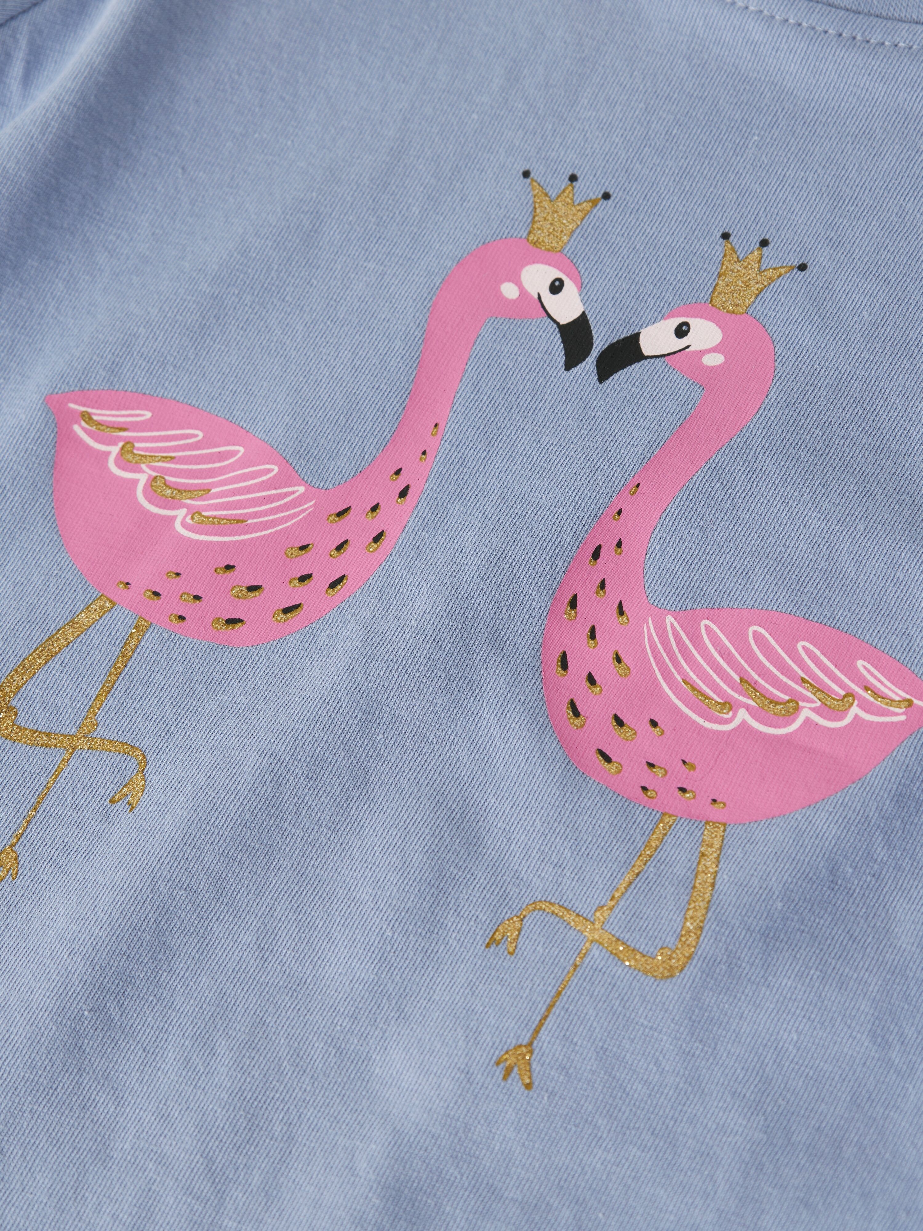 T-Shirt NAME IT "NMFVIBEKE CAPSL TOP", Mädchen, Gr. 104, blau (lila impression print:flamingos), Jersey, Obermaterial: 100% Baumwolle, bedruckt, unifarben, normal normal, Rundhals, Shirts T-Shirt lila impression print:flamingos 104