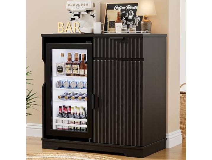 Aauro Home Mini-Kühlschrank-Bar-Schrank (inkl. Kühlschrank), geriffelter Kaffee-Bar mit Kühlgerät, Ausziehschublade & Staufächer, 80 cm Wein-Likör-Ecke für Zuhause, Küche, Esszimmer, Schwarz