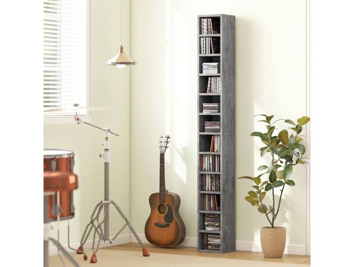 Étagère de rangement - Porte‑CD 12 niveaux - Capacité 204 CD - Gain de place vertical - Gris ciment 21×20×175 cm