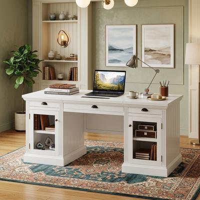 Merax Executive Storage Desk with Hidden Power Hub and Glass-Door Cabinets - White
