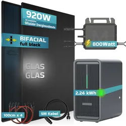 SUNNIVA® 920W Balkonkraftwerk mit 2,24 kWh Speicher Marstek B2500-D & 800W Wechselrichter, BIFAZIAL FULLBLACK komplett Steckdose, PV Solaranlage Komplettset mit Solarspeicher, 2x 460W N-Type Glas-Glas