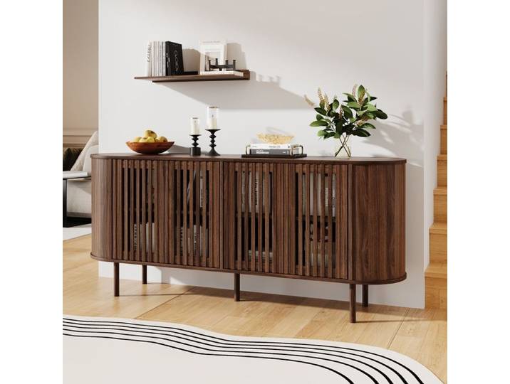 Buffet - 160x40x70cm - Buffet Bas de Salon avec 4 Portes Ajourées Système Push-to-Open & Étagères - Noyer