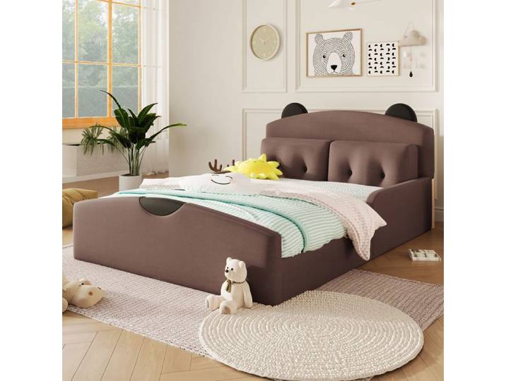 Lit double 140x200 cm Lit capitonné en lin avec tête de lit ours rembourrée et 2 coussins marron