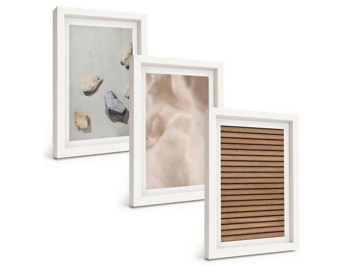Tulup Bilder SET 3er Set - 20x30 cm Weißer Rahmen - Steine, Holz, Stofftexturen, Kunststoff, Rechteckig, 20x30 cm, Fotografie, Bilder & Rahmen, Bilder