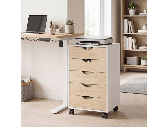 HOMCOM Caisson 5 Tiroirs Bureau Mobile 40x40x67cm Blanc Naturel