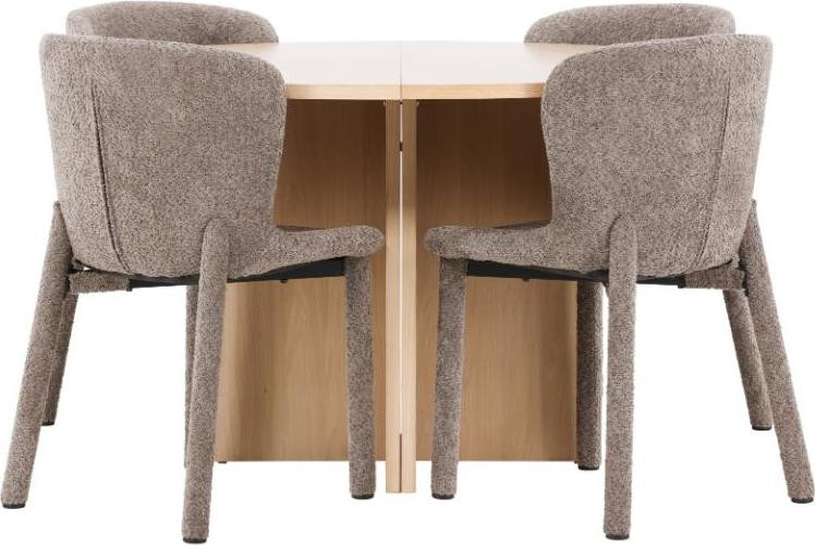 Strada eethoek set met uittrekbare tafel en 4 stoelen, whitewash en bruin, Diameter: 120 cm, Hoogte: 74 cm