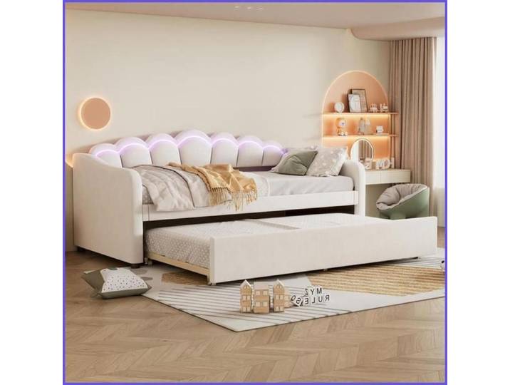 Daybed Ausziehbar - Daybettt - Samt LED Farbwechsellicht Rollbett - Beige