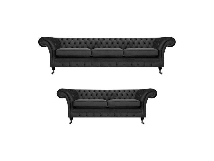 JVmoebel Chesterfield-Sofa Elegantes Chesterfield Sofa in Schwarz mit manuellem Komfort, Set 2 Teile, Made in Europa