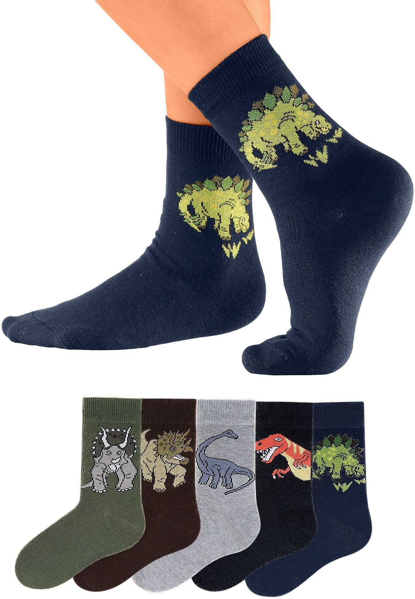 Socken H.I.S "Kindersocken Jugendliche Motivsocken", Jungen, Gr. 27-30, bunt, Baumwolle, Elasthan, Polyamid, uni und gemustert, elastisch, Socken Socken, mit Dinosauriermotiven bunt 27-30