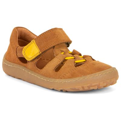 Sandale FRODDO "Barfußschuh", Mädchen, Gr. 25, chromfrei gegerbt, braun (braun, gelb), Veloursleder, kontrastfarbene Details, Schuhe Sandale, Sommerschuh, Klettschuh, Sandale mit Klettverschluss