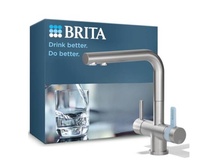 BRITA 3-Wege-Küchenarmatur (Edelstahl, eckig) inkl. 1 x BRITA P 1000 Wasserfilter – Küchenarmatur für gefiltertes und ungefiltertes Wasser direkt aus der Leitung