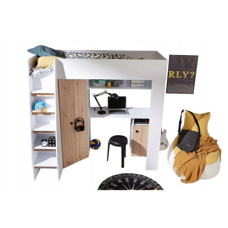 Etagenbett Kinderbett GUSTO-2 mit Schreibtisch und Kleiderschrank (linke Seite) - ohne Matratze