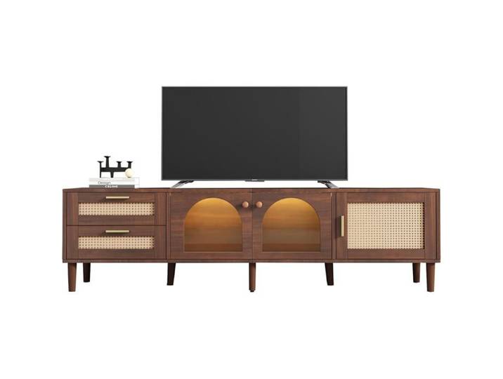 Meuble TV de salon avec LED-Meuble TV bas-Table pour TV de 200cm-2 tiroirs en rotin 2 portes en verre bombées et 1 porte en rotin