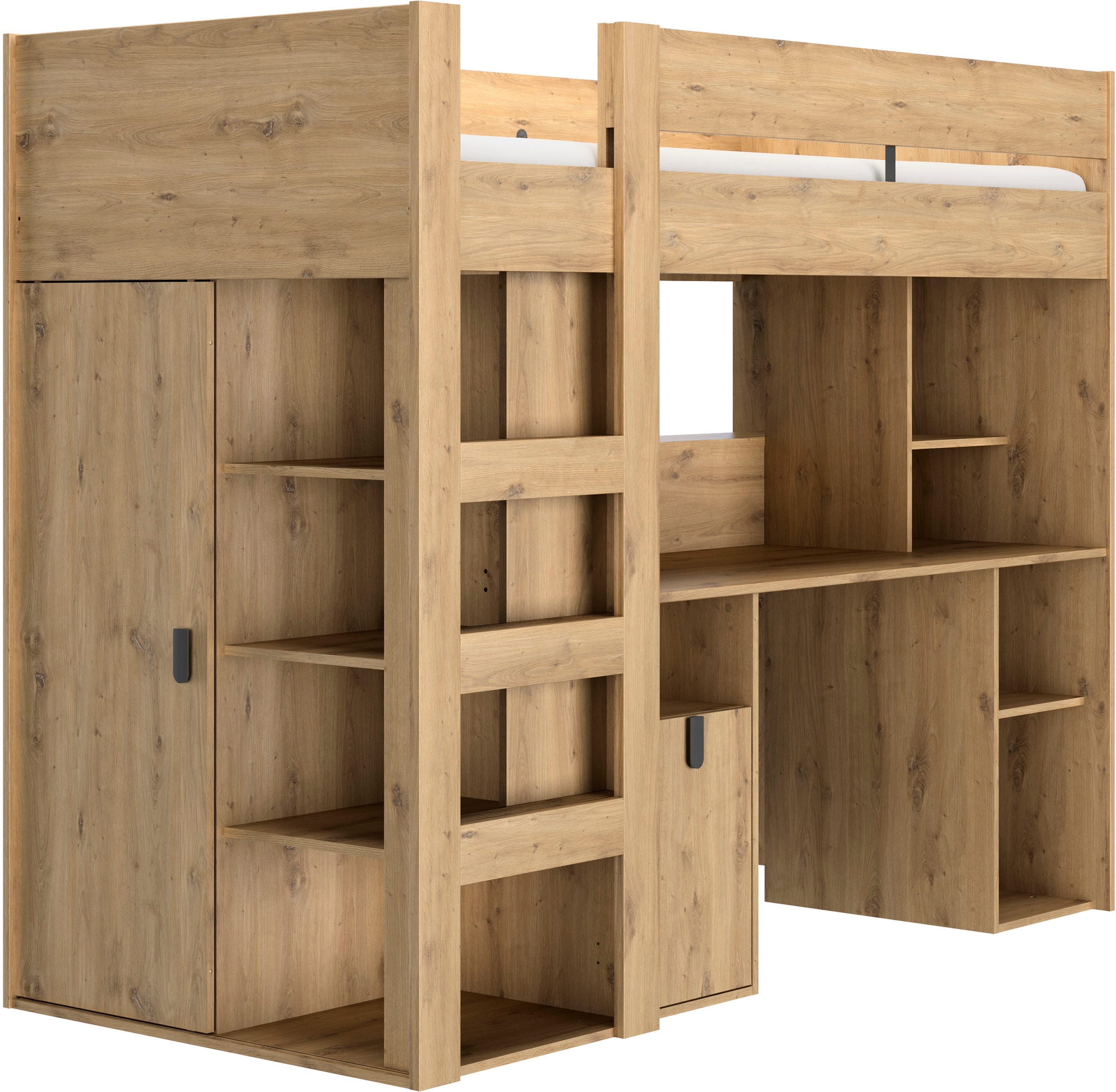 Hochbett GAMI "Lugano", beige (artisan eiche, artisan eiche, artisan eiche), B:205cm H:169cm L:99cm, Hochbetten, Hochbett, All-in-one Bett