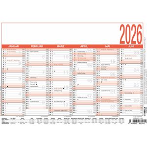 Zettler Tafelkalender 904 Arbeitstagekalender rot, mit Ferien, aus 250 g/m² Karton, 6 Monate = 1 Seite, A5, Jahr 2026
