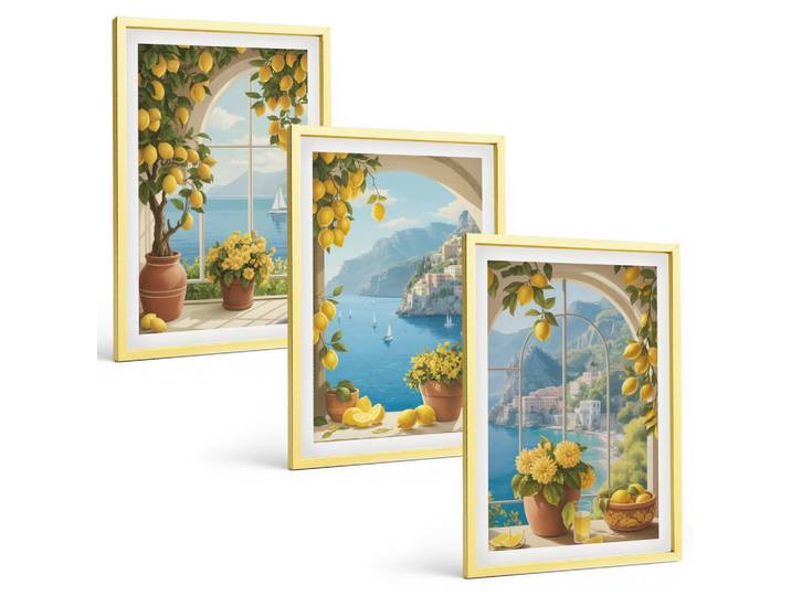 Tulup Bilder SET 3er Set - 40x60 cm Goldrahmen - Meereslandschaften, Zitronen, Fenster, Goldfarben, Kunststoff, Rechteckig, 40x60 cm, Fotografie, Bilder & Rahmen, Bilder
