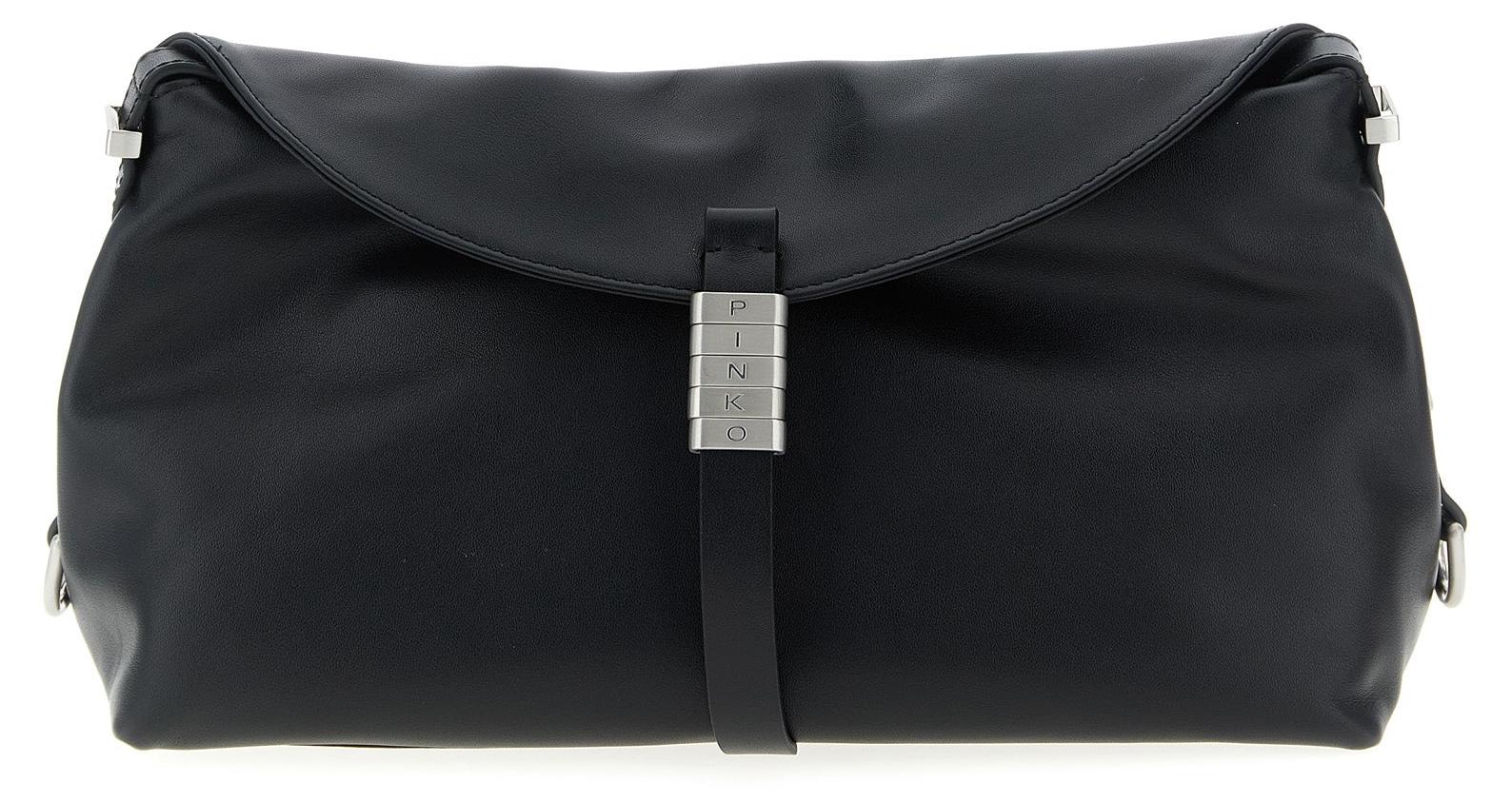 PINKO Saddle Baguette Leder schwarz Klappe silberfarben