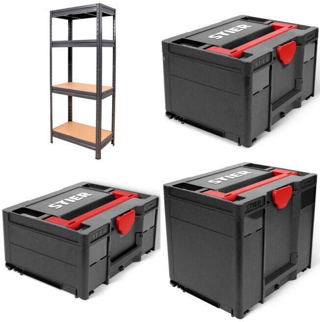 Set STIER Schwerlast-Fachbodenregal Fachlast 600kg + STIER Systainer II Black Edition + STIER Systainer III Black Edition + STIER Systainer IV Black Edition