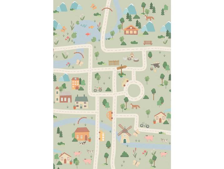 Lindorug Kinderteppich Living Ecovia, Pastellblau, Salbeigrün, Aprikose, Bauernhof, rechteckig, 160x230 cm, Oeko-Tex® Standard 100, für Fußbodenheizung geeignet, rutschfest, in verschiedenen Größen erhältlich, wasserabweisend, schmutzabweisend, Hausstauballergiker feuchtraumgeeignet, stuhlrollengeeignet, waschbar, pflegeleicht, strapazierfähig, reißfest, rutschfeste Unterfläche, vegan, Teppiche & Böden, Teppiche, Waschbare Teppiche