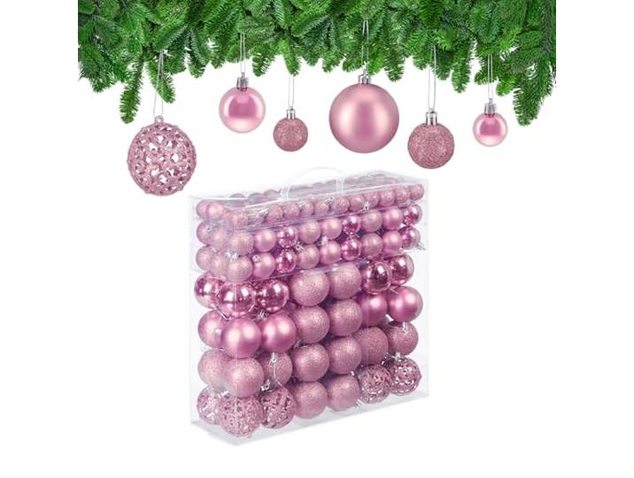 Relaxdays 150x Boules de Noël\, Paillettes\, Mates\, Brillantes\, déco Sapin\, Plastique\, diamètre 3\, 4 et 6 cm\, Roses