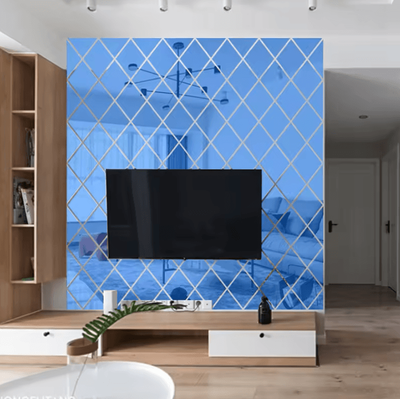 Inspire Curations 3D Rhombus Triangle Acrylic Mirror Wall Stickers DIY Geometric Decor blue 100x100cm 58pcs