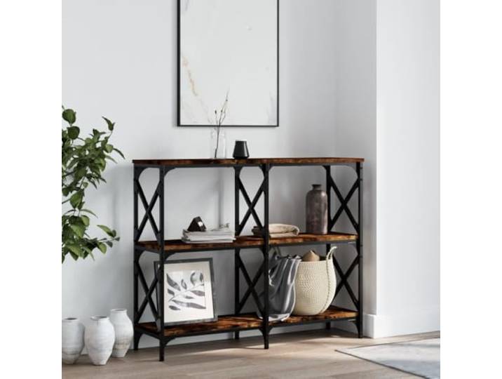 HKGNMBS Konsolentisch Eiche Rauchgrau 100 x 28 x 80,5 cm aus Stahlgestell, X-Traversen, sechs verstellbare Füße, großer Stauraum, Montage erforderlich, Befestigung an