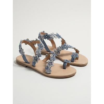 Rote Boho-Sandalen mit Blumenmuster für Damen – flache Gladiatorensandalen mit Wickelverschluss und goldenen Blumenapplikationen für den Sommerurlaub Parteien