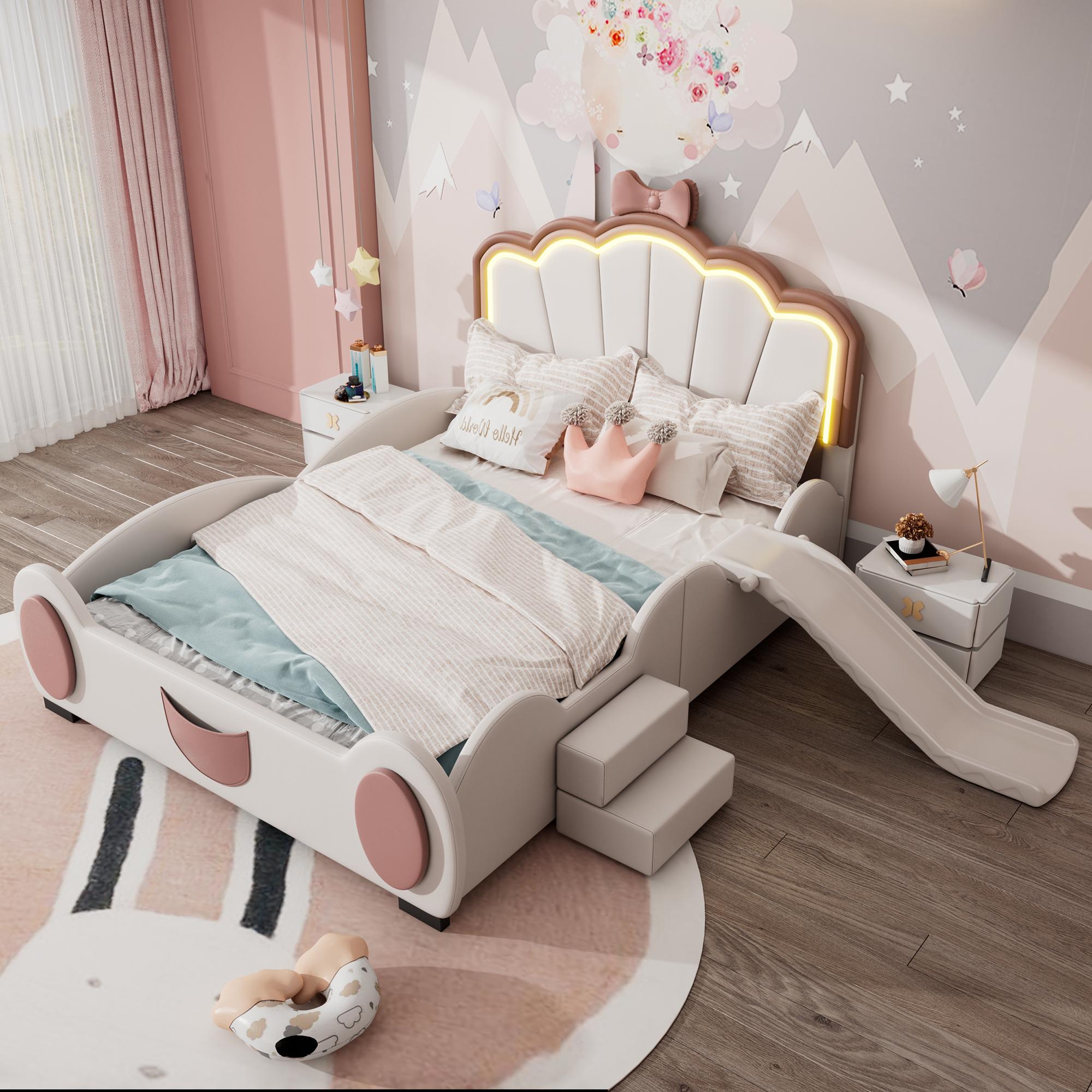140*200cm Cartoon Bett Kinderbett Schmetterlingsbett LED-Farbwechsellicht,ausgestattet mit Rutsche und Leiter, PolyurethanMaterial, schöne Form, rosa + weiß