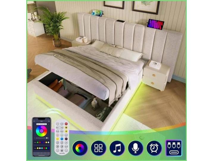 Stauraumbett 180x200 cm - Doppelbett mit LED-Beleuchtung & USB-C Ladefunktion - Leinen Beige