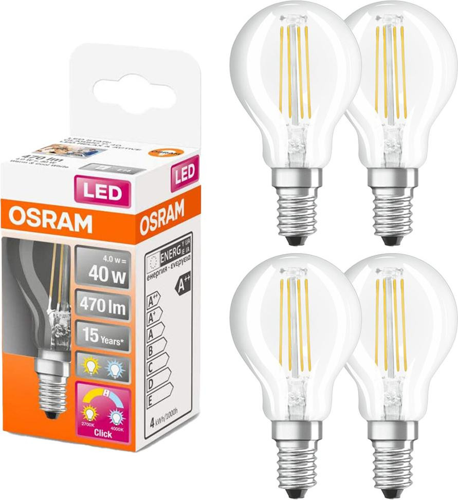Osram LED filamentlamp FS Relax & Active, 4 stuks, druppelvorm, E14, 5W (40W), helder glas, 470lm, warmwit & koudwit