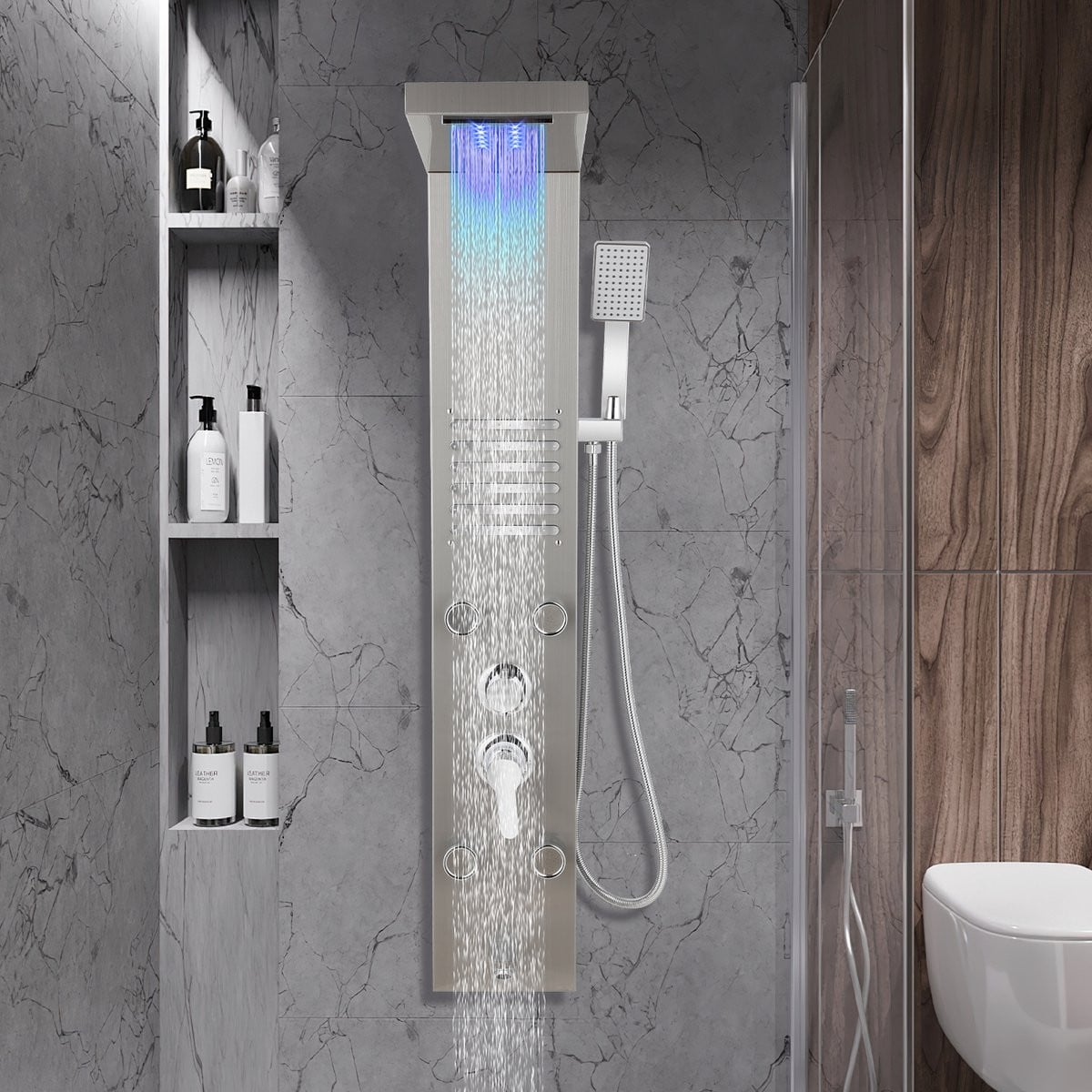 Modern Douchepaneel van RVS met LED-display, Regendouche en Massagefunctie in Zilver